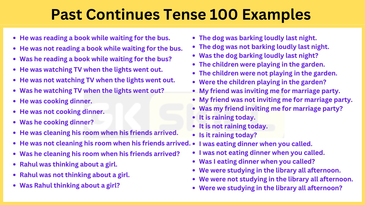 Read more about the article Past Continues Tense 100 Examples