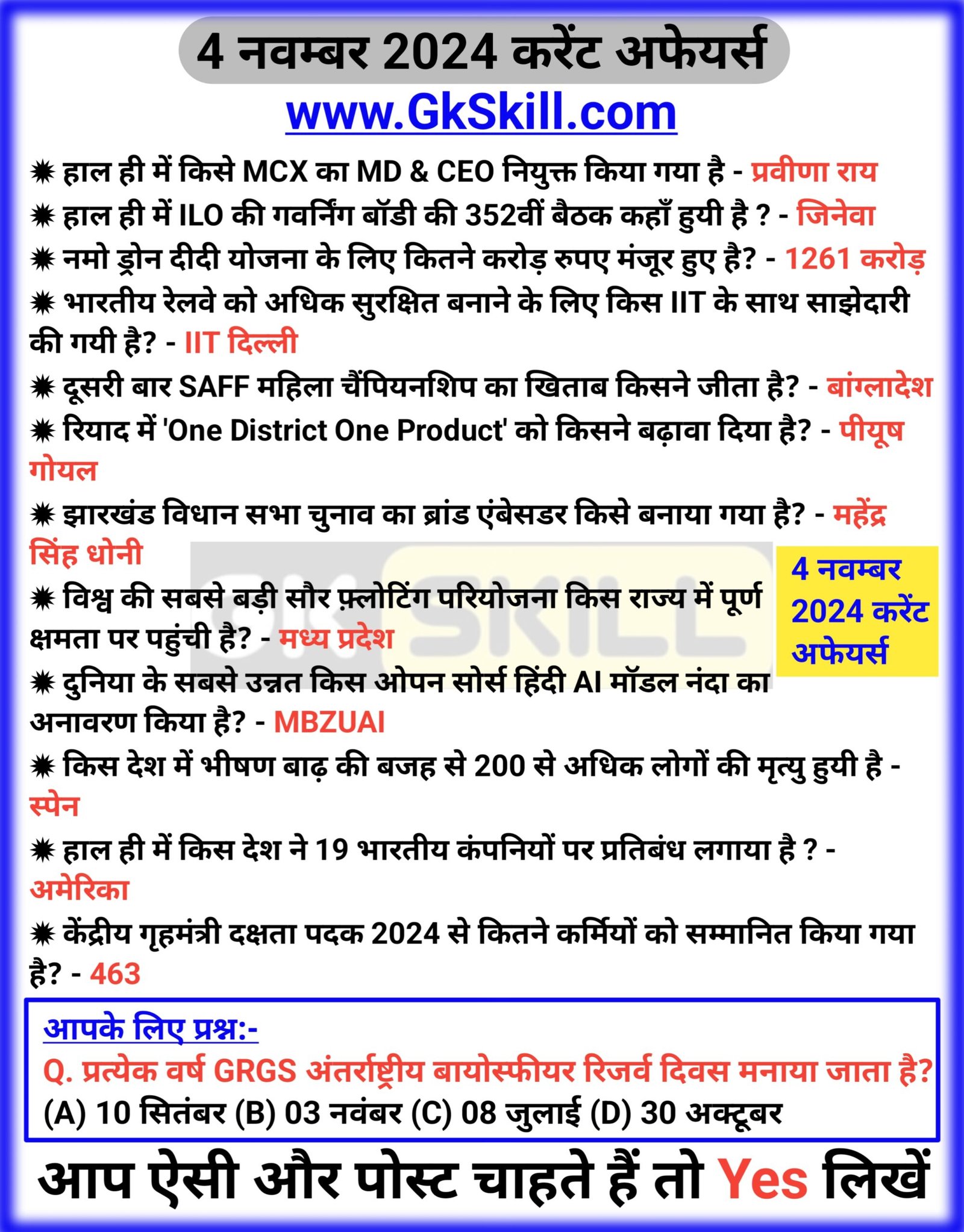 4 November Current Affairs In Hindi 2024 Question - Gk skill