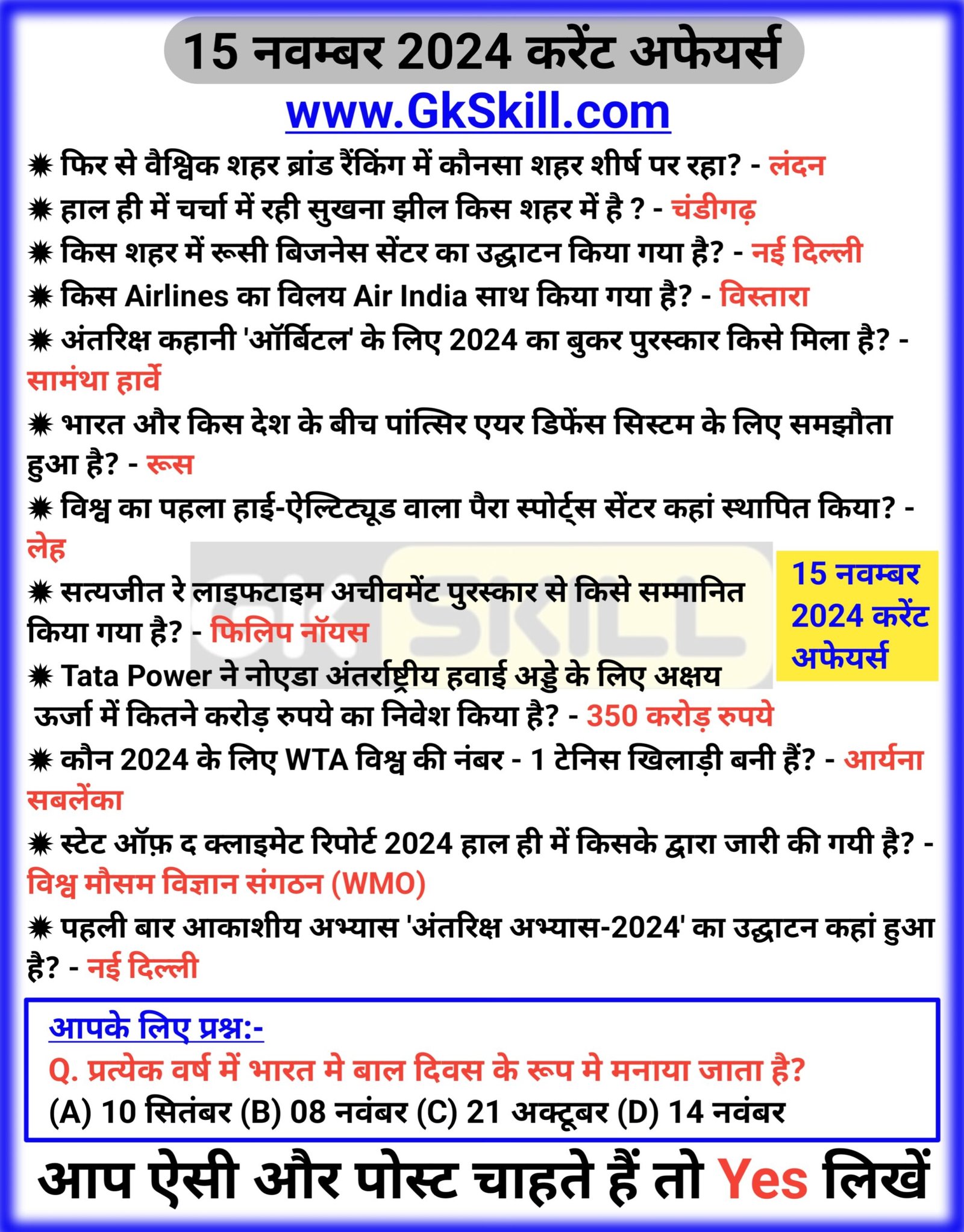 Current Affairs 15 November 2024 In Hindi - Gk skill