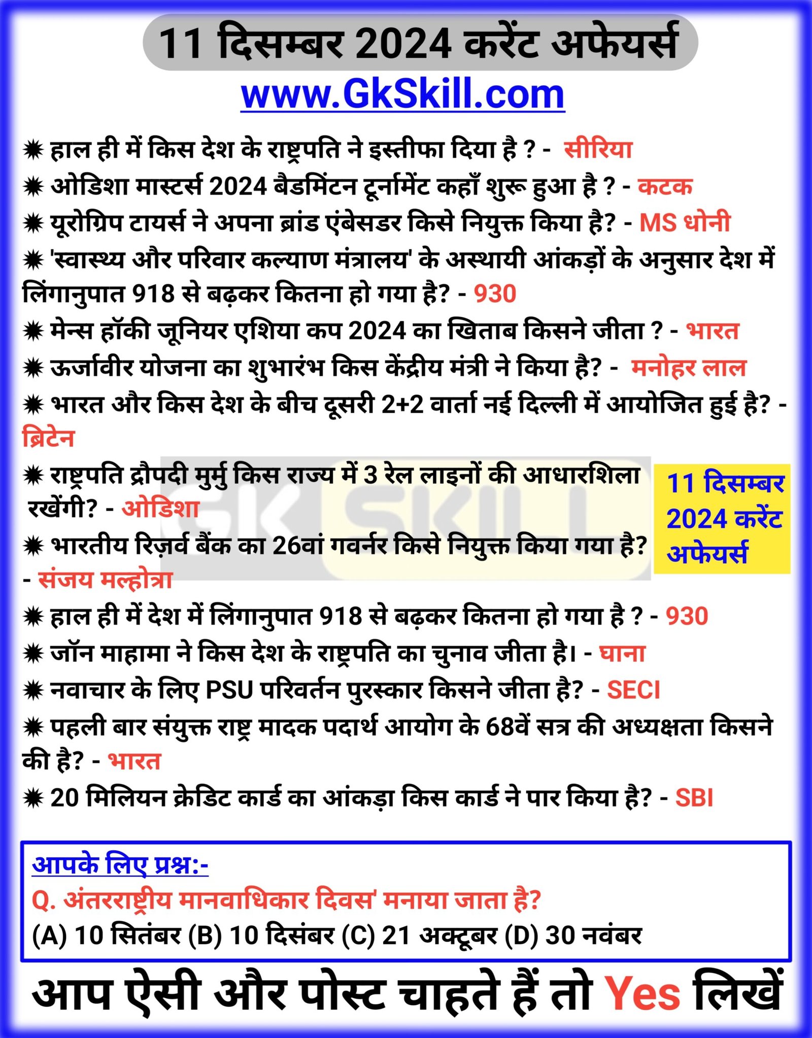 latest Current Affairs 11 December 2024 - Gk skill